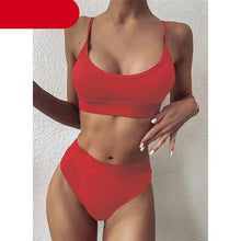 Load image into Gallery viewer, High Waist Bikinis Ribbed Swimwear Women Push Up Swimsuits Women's Scoop Neck Swimsuits High Waist Bikini Sets 2 Piece Bathing Suit Solid Strap Bathing Suit Female Set
