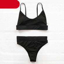 Load image into Gallery viewer, High Waist Bikinis Ribbed Swimwear Women Push Up Swimsuits Women's Scoop Neck Swimsuits High Waist Bikini Sets 2 Piece Bathing Suit Solid Strap Bathing Suit Female Set
