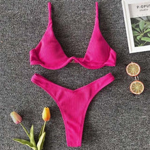 Load image into Gallery viewer, Neon V-bar Underwired Bikini Female Ribbed Swimsuit Women Swimwear Two-pieces Bikini set Push up Bathing Suit
