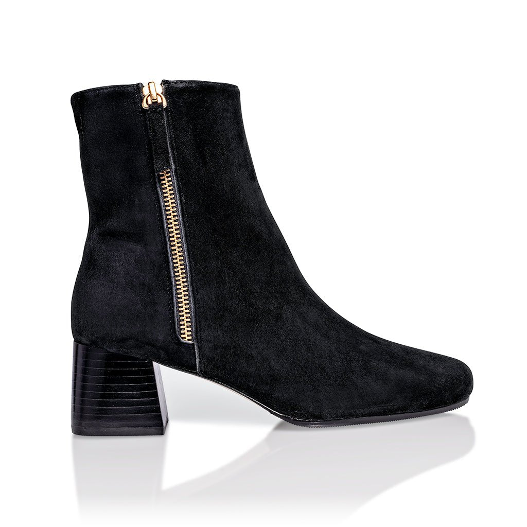 Arina Dress Ankle Bootie with a Block Heel in Black Suede