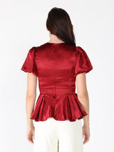 Load image into Gallery viewer, Puffed Sleeve Ruffle Bottom Crew Neck Top
