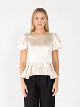 Load image into Gallery viewer, Puffed Sleeve Ruffle Bottom Crew Neck Top
