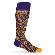 Load image into Gallery viewer, Purple and Gold Tiger Stripe Dress Socks
