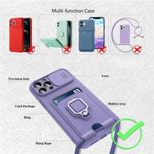 Load image into Gallery viewer, Purple Silicone Slide Camera Protector Case For iPhone 14 11 12 13 Pro Max X XR XS Magnetic Ring Card Holder Cover Heavy Duty Multifunctional Shockproof Magnetic Cover Case &amp; Holder
