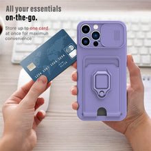Load image into Gallery viewer, Purple Silicone Slide Camera Protector Case For iPhone 14 11 12 13 Pro Max X XR XS Magnetic Ring Card Holder Cover Heavy Duty Multifunctional Shockproof Magnetic Cover Case &amp; Holder
