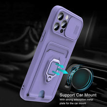 Load image into Gallery viewer, Purple Silicone Slide Camera Protector Case For iPhone 14 11 12 13 Pro Max X XR XS Magnetic Ring Card Holder Cover Heavy Duty Multifunctional Shockproof Magnetic Cover Case &amp; Holder
