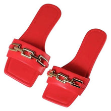 Load image into Gallery viewer, Purple Women's Slippers Summer Gold Chain Luxury Square Head Flat Heel Outdoor Beach Women Slides Sandals Leather Flat Sandals  Strap Slides With Chain Open Toe Summer Slippers

