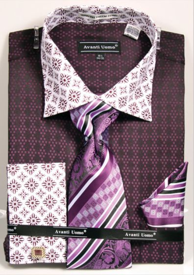 AVANTI UOMO JQD PATTERN WITH TONE ON TONE COLLAR & FRENCH CUFF Men's Dress Shirt DN69M Purple