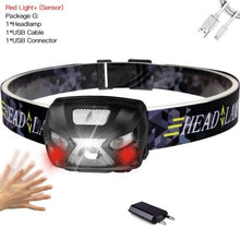 Load image into Gallery viewer, Rechargeable Adjustable  LED USB Headlight Powerfull Elastic High Lumens Headband Headlamp Motion Sensor Flashlight For Adults Kids Running Camping Hiking Camping
