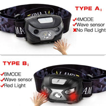 Load image into Gallery viewer, Rechargeable Adjustable  LED USB Headlight Powerfull Elastic High Lumens Headband Headlamp Motion Sensor Flashlight For Adults Kids Running Camping Hiking Camping
