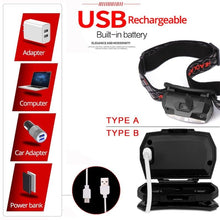 Load image into Gallery viewer, Rechargeable Powerful USB LED High Lumen Headlamp Ultra-Light Bright Headlight Waterproof Sensor Head Light  For Outdoors Camping Running Hiking Biking Fishing
