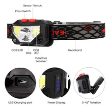 Load image into Gallery viewer, Rechargeable Powerful USB LED High Lumen Headlamp Ultra-Light Bright Headlight Waterproof Sensor Head Light  For Outdoors Camping Running Hiking Biking Fishing
