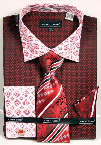 AVANTI UOMO JQD PATTERN WITH TONE ON TONE COLLAR & FRENCH CUFF Men's Dress Shirt DN69M Red