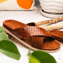 Load image into Gallery viewer, 06-101-CGN RENA Italian Goatskin Suede Croc Embossed Slide Cognac
