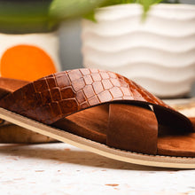 Load image into Gallery viewer, 06-101-CGN RENA Italian Goatskin Suede Croc Embossed Slide Cognac
