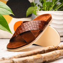 Load image into Gallery viewer, 06-101-CGN RENA Italian Goatskin Suede Croc Embossed Slide Cognac
