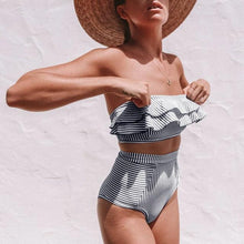 Load image into Gallery viewer, Retro Blue White Striped High Waist Bikini Lady Swimwear Women Swimsuit Female Ruffle Swim Bathing Suit  Piece Vintage High Waist Bikini Set Ruffled Swimsuits For Women Bathing Suits
