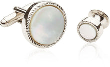 Load image into Gallery viewer, Men&#39;s Ribbed Mother of Pearl Silver Tuxedo Cufflinks &amp; Studs
