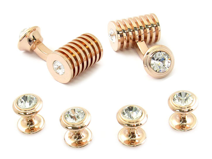 Men's Rose Gold Clear Swarovski Barrel Cufflinks and Studs