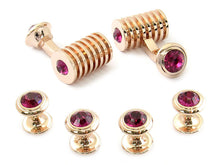 Load image into Gallery viewer, Rose Gold Fuschia Swarovski Barrel Cufflinks and Studs
