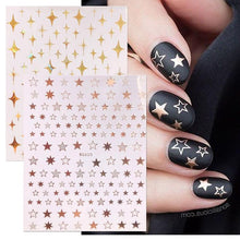 Load image into Gallery viewer, Rose Gold Star 3D Nail Stickers Silver Black White Star Heart Transfer Stickers for Nails DIY Decals Manicures Decoration Tips Nail Art Decals Water Transfer Nail Decals Sticker For Pretty Girl Self-Adhesive Nail Decals Designer Nail Stickers for Acrylic
