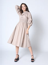 Load image into Gallery viewer, Ruched Puff Sleeve &amp; Waist A Line Midi Dress
