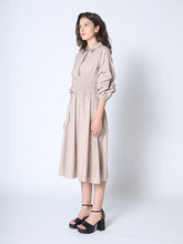 Load image into Gallery viewer, Ruched Puff Sleeve &amp; Waist A Line Midi Dress
