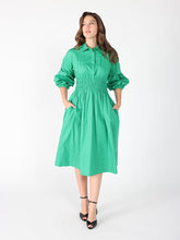 Load image into Gallery viewer, Ruched Puff Sleeve &amp; Waist A Line Midi Dress

