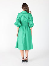 Load image into Gallery viewer, Ruched Puff Sleeve &amp; Waist A Line Midi Dress
