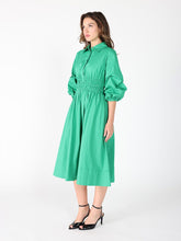 Load image into Gallery viewer, Ruched Puff Sleeve &amp; Waist A Line Midi Dress

