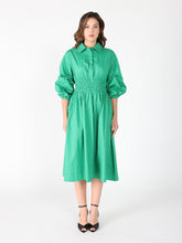 Load image into Gallery viewer, Ruched Puff Sleeve &amp; Waist A Line Midi Dress
