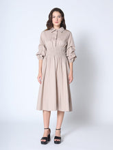 Load image into Gallery viewer, Ruched Puff Sleeve &amp; Waist A Line Midi Dress
