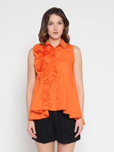 Load image into Gallery viewer, Ruffle Flower Applique Asymmetrical Hem Shirt
