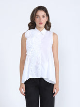 Load image into Gallery viewer, Ruffle Flower Applique Asymmetrical Hem Shirt
