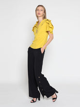 Load image into Gallery viewer, Ruffled neck &amp; sleeve brooch detail solid top
