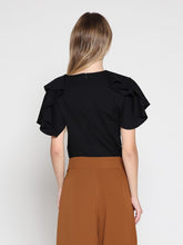 Load image into Gallery viewer, Ruffled neck &amp; sleeve brooch detail solid top
