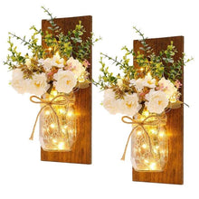 Load image into Gallery viewer, Rustic Wall Sconces Flower Lamp Mason Jar Sconce Handmade Wall Art Hanging Home Decoration 2 Set with LED Fairy Lights Decorative  Peony Flower
