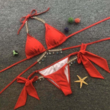 Load image into Gallery viewer, Shiny Diamond Bikini Push Up Halter Swimsuit Female Crystal Swimwear Women Bathing Suit New Women's Crystal Diamond Swimsuit High Cut Bikini Set Straps Two Piece Bathing Suit
