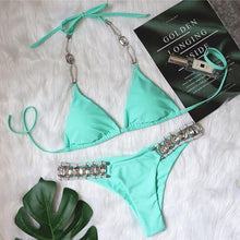Load image into Gallery viewer, Shiny Diamond Bikini Push Up Halter Swimsuit Female Crystal Swimwear Women Bathing Suit New Women's Crystal Diamond Swimsuit High Cut Bikini Set Straps Two Piece Bathing Suit
