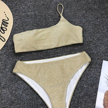 Load image into Gallery viewer, Shiny Glitter Sparkling High Waist Bikini Female Swimsuit Women's Bikini One Shoulder Top With High Waist Bottom Two Piece Swimsuits Women Swimwear Two-pieces Bikini Set One Shoulder Bathing Suit
