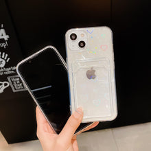 Load image into Gallery viewer, Shiny Holographic Heart Phone Case For iPhone 14 13 Pro Max 11 12 XR 6 7 8 Plus XS X SE 2 Clear Wallet Card Holder Storage Cover Love Heart Pattern Cute Case with Card Holder Soft Cover for iPhone Transparent Phone Case
