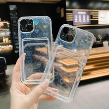 Load image into Gallery viewer, Shiny Holographic Heart Phone Case For iPhone 14 13 Pro Max 11 12 XR 6 7 8 Plus XS X SE 2 Clear Wallet Card Holder Storage Cover Love Heart Pattern Cute Case with Card Holder Soft Cover for iPhone Transparent Phone Case
