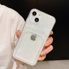 Load image into Gallery viewer, Shiny Holographic Heart Phone Case For iPhone 14 13 Pro Max 11 12 XR 6 7 8 Plus XS X SE 2 Clear Wallet Card Holder Storage Cover Love Heart Pattern Cute Case with Card Holder Soft Cover for iPhone Transparent Phone Case
