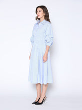 Load image into Gallery viewer, Shirred Waist Puff Sleeve Stripe Cotton Dress
