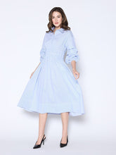 Load image into Gallery viewer, Shirred Waist Puff Sleeve Stripe Cotton Dress
