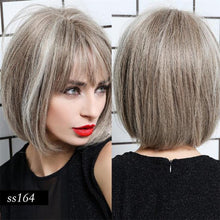 Load image into Gallery viewer, Short Straight Synthetic Brown Mix Gray Hair Cute Bob Wigs with Bangs for White/Black Women Cosplay Party or Daily Wear Wigs For Black Women Cosplay Wigs For Women
