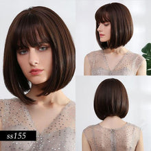 Load image into Gallery viewer, Short Straight Synthetic Brown Mix Gray Hair Cute Bob Wigs with Bangs for White/Black Women Cosplay Party or Daily Wear Wigs For Black Women Cosplay Wigs For Women
