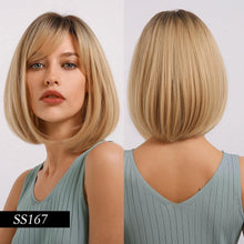 Load image into Gallery viewer, Short Straight Synthetic Brown Mix Gray Hair Cute Bob Wigs with Bangs for White/Black Women Cosplay Party or Daily Wear Wigs For Black Women Cosplay Wigs For Women
