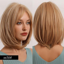 Load image into Gallery viewer, Short Straight Synthetic Brown Mix Gray Hair Cute Bob Wigs with Bangs for White/Black Women Cosplay Party or Daily Wear Wigs For Black Women Cosplay Wigs For Women
