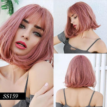 Load image into Gallery viewer, Short Straight Synthetic Brown Mix Gray Hair Cute Bob Wigs with Bangs for White/Black Women Cosplay Party or Daily Wear Wigs For Black Women Cosplay Wigs For Women
